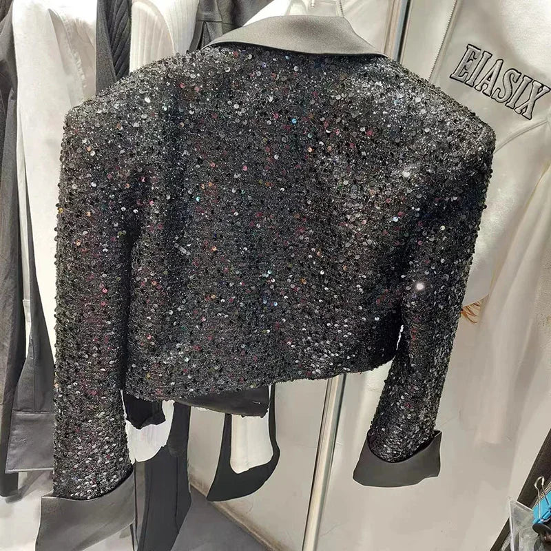 Elegant Sequined Blazer Women Spring Autumn Vintage Notched Long Sleeve Tops Crop Jacket Black Coat Cardigan Outwear