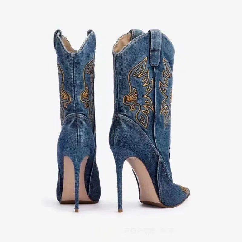 Western European Cowboy Style Pointed Stiletto High Heels Embroidered Knight Fashion Boots Women's Sexy Water Diamond Boots