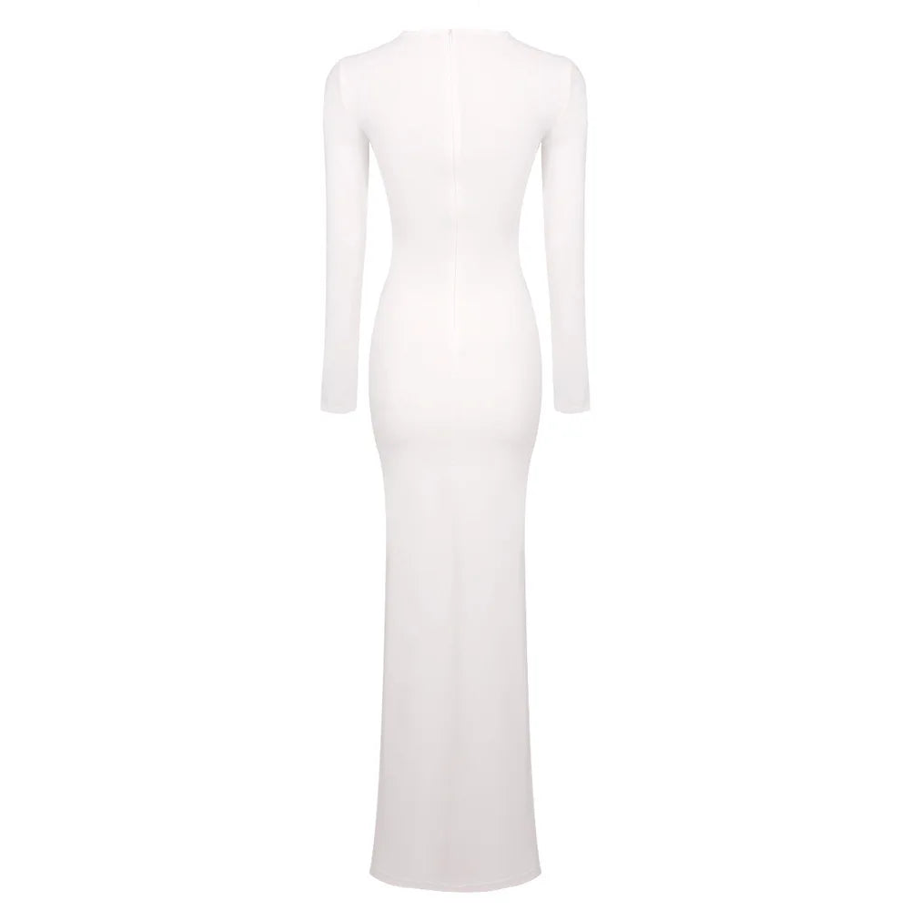 Sexy Elegant Party Dress Women White Long Sleeve Pleated Midi Dress for Evening Dinner Club