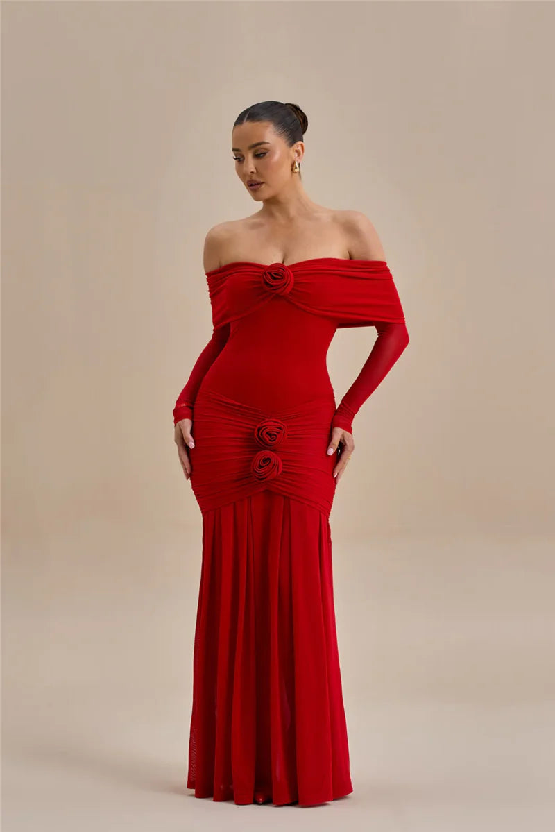Mozision Off-shoulder Strapless Rose Sexy Maxi Dress For Women Fashion Long Sleeve Backless Ruched Bodycon Club Party Dress
