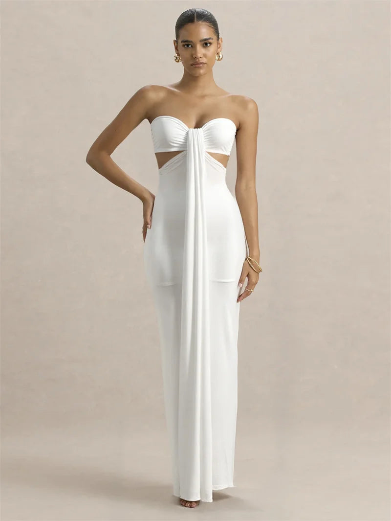 Mozision Off-shoulder Strapless Sexy Maxi Dress Women Elegant White Sleeveless Backless Draped Bodycon Club Party Long Dresses