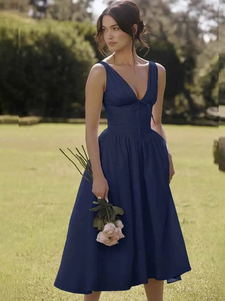 NIDANSSI White Pleated Lace Up Backless Holiday Casual Dress Women Elegant Sexy Dress Bodycon Midi Long Summer Dress Vestidos