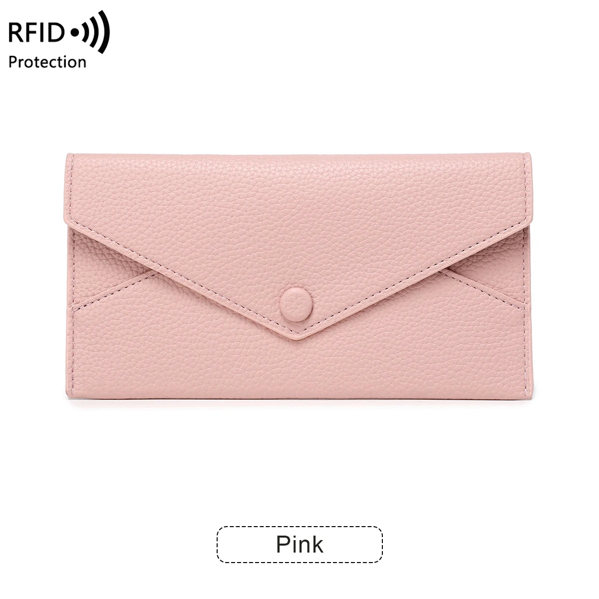 RFID Anti-Theft Purse for Women, Lychee Print, Soft Leather, Envelope Long Wallet, Ultra-thin, Portable, Simple Hand Bag
