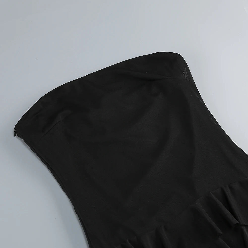 New 2025 Women Celebrity New Sexy Strapless Black Lace Mesh Long Bodycon Dress Elegant Evening Party Club Dress