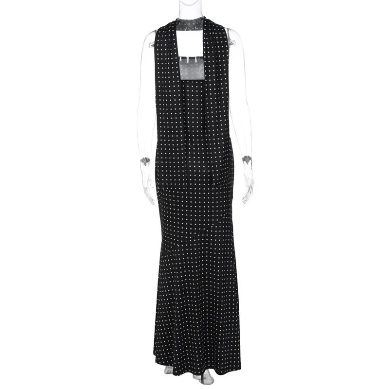 Mozision Polka Dot Strapless Sexy Maxi Dress Women Gown Elegant Scarf Collar Off-shoulder Backless Sleeveless Club Party Dress