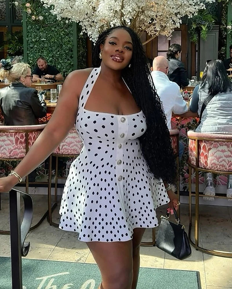 Mozision Halter Backless Polka Dot Dress For Women Fashion Square Collar Sleeveless High Waist A-line Knit Mini Dress Elegant