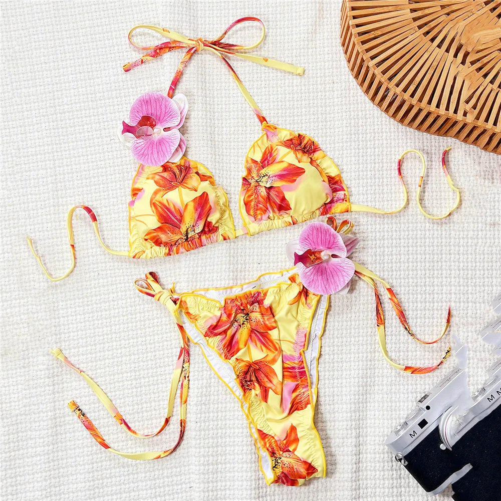 Yellow Floral Print Swimwear String Halter Micro Bikini Thong 3D Flower Sexy Swimsuit Women 2025 Bather Triangle Bikinis Sets Wofashion.xyz