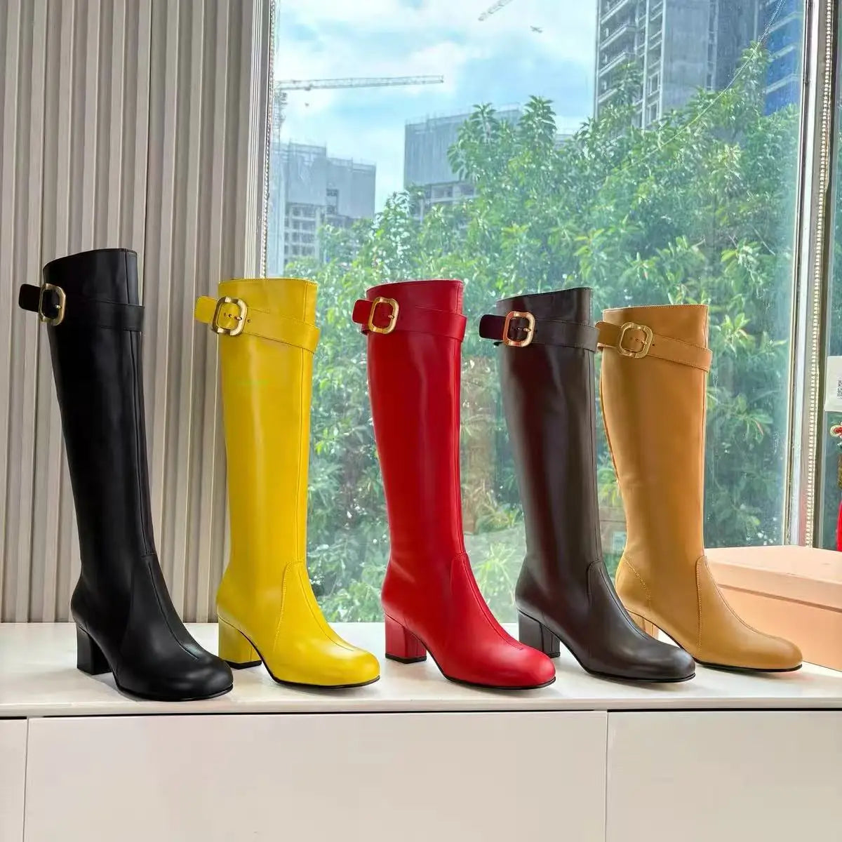 European and American Sexy Hot Girl Belt Buckle Thick High Heels Round Toe Back Zipper Knee Highboots Women's Retro Elasticshoes