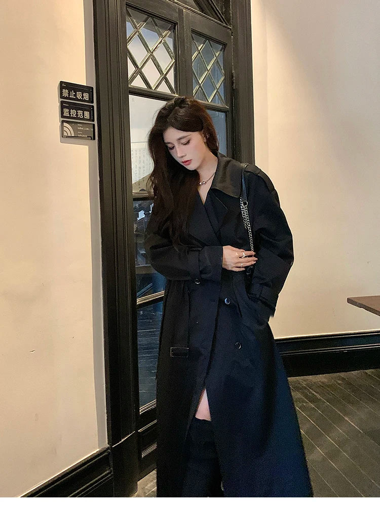 Lautaro Spring Autumn Long Black Hard Waterproof Trench Coat for Women Belt Double Breasted High Quality Luxury Overcoat 2024