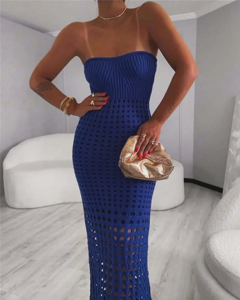 Mozision Strapless Off-shoulder Hollow Out Knit Maxi Dress For Women Gown Fashion Sleeveless Backless Beach Skinny Long Dress
