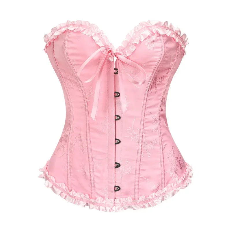 Pink Corset Top Bustier Sexy Women's Plus Size Overbust Corselet Blouse Lace up Floral Gothic Brocade Vintage Fashion Medieval Wofashion.xyz