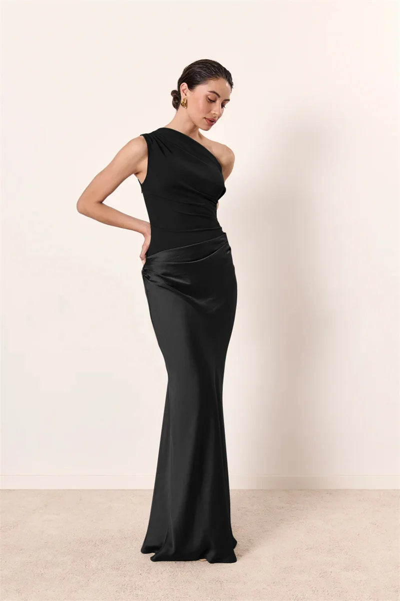 Mozision Satin Inclined Shoulder Sexy Maxi Dress Women Fashion Patchwork Sleeveless Backless Bodycon Evening Club Party Dress
