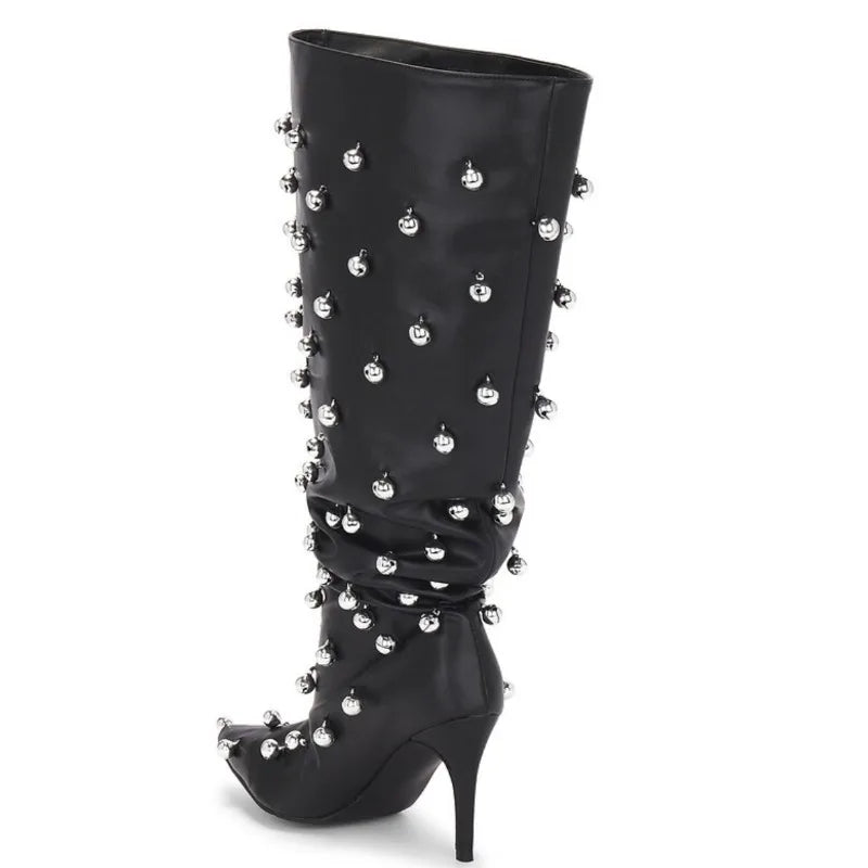 European Niche Design, High-quality Slim High Heels, Wide Knee Boots, Women's Fashionable and Sexy Studded Pleated Sleeve Boots