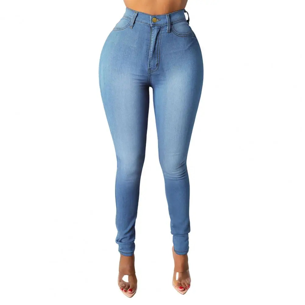 Women Jeans High Waist Women's Skinny Fit Washed Jeans with Zipper Button Fly Pockets Solid Color Denim Pencil for Streetwear