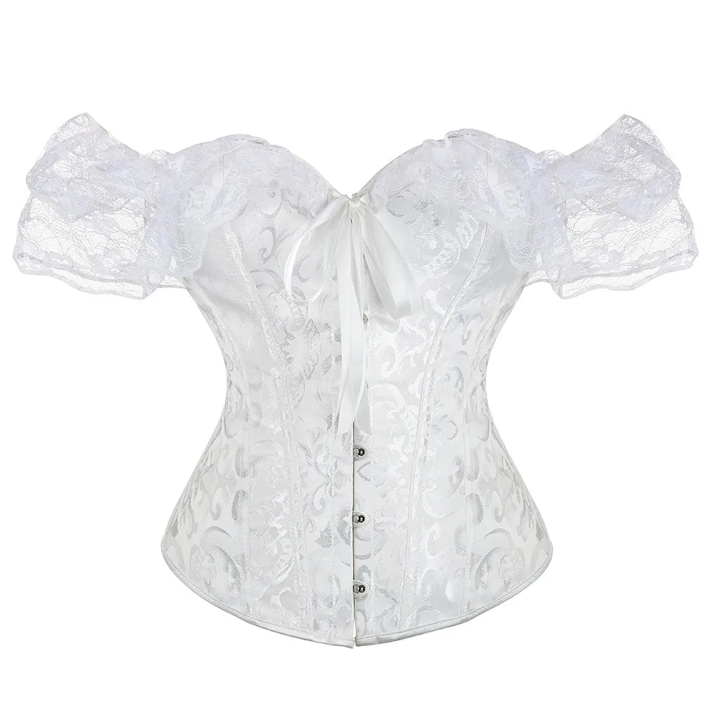 Women Vintage Overbust Corset Tops Gothic Lace Short Sleeve Lace-up Bustier Shapewear Slimming Waist Shaping Korset