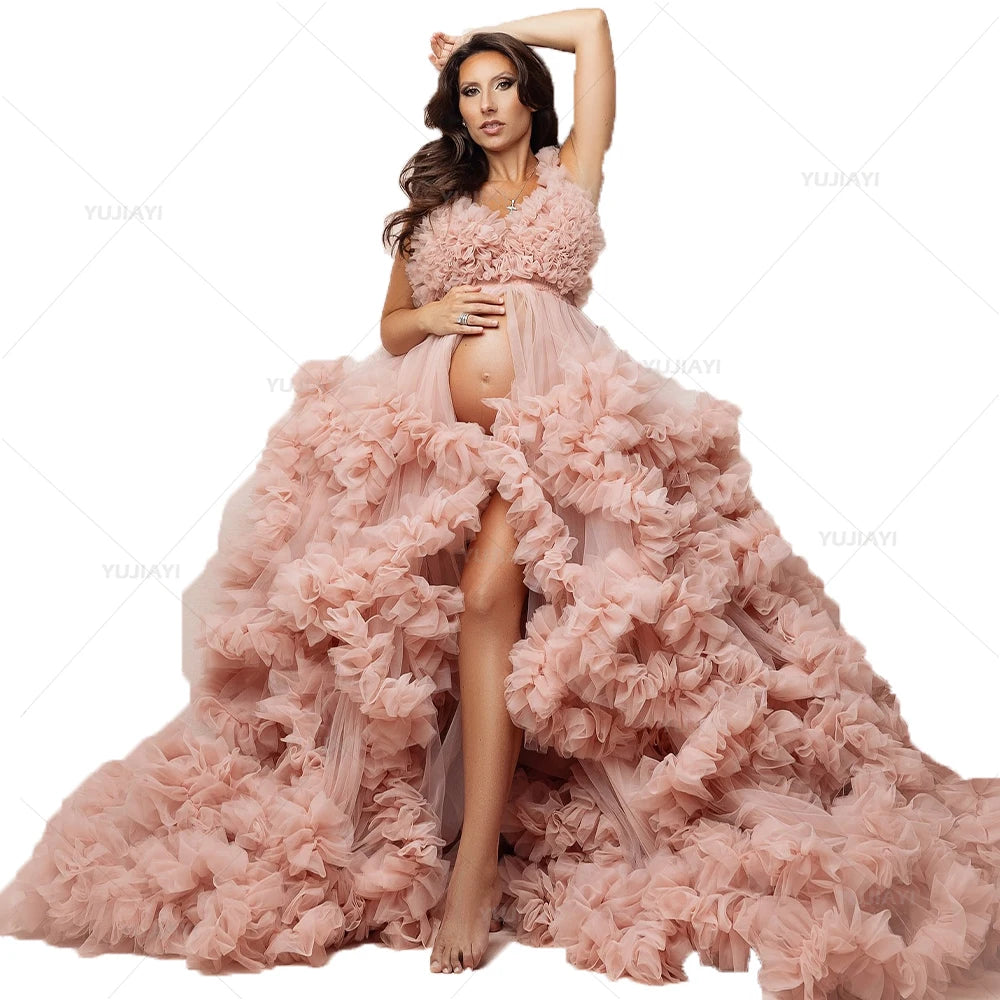 Luxury Maternity Robe Fluffy Tulle Dresses for Women Prom Dress Long Sleeves Wedding Party Gown Bridal Boudoir Pajamas Sleepwear