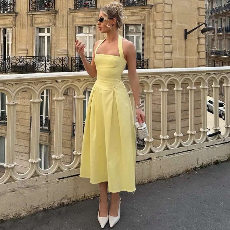 Mozision Halter Backless Sexy Midi Dress Women Fashion Solid Sleeveless High Waist A-line Club Party Pleated Long Dresses Female