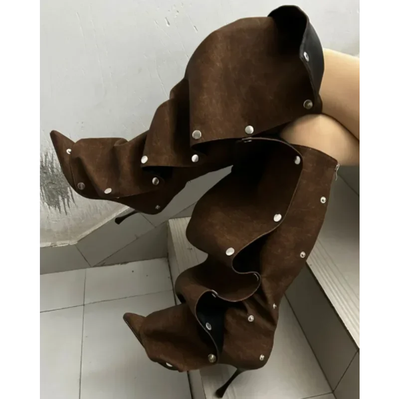 High Heel Long Boots for Women Botte Winter Boots Shoes Botas Mujer Thin Heeled Pointed Denim Metal Button Shoe Zapatos De Mujer