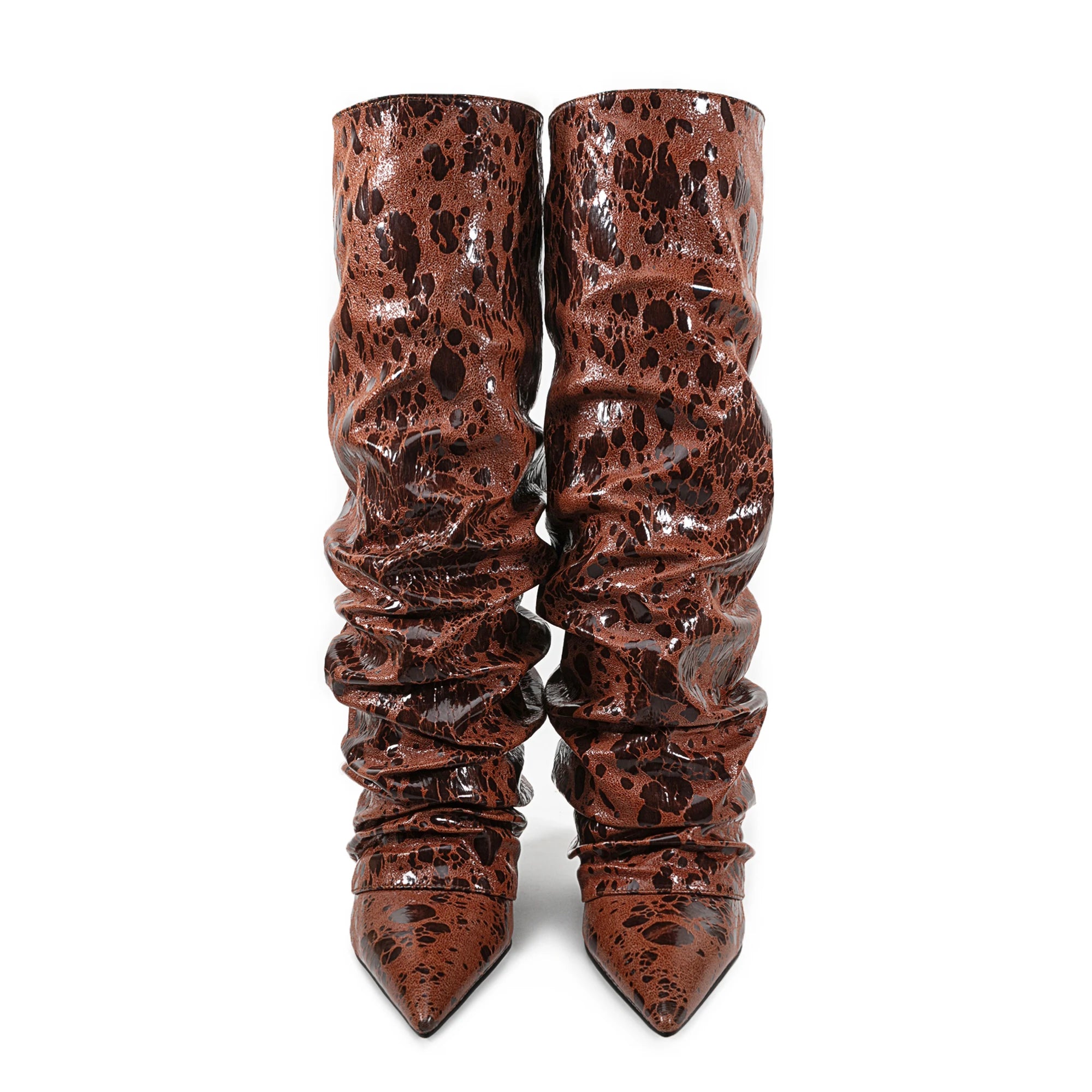 2025 European AndAmerican Women's Autumn and Winter Super Migration Coarse High Heels Fashion Pleated Pointed Sleeve Skirt Boots