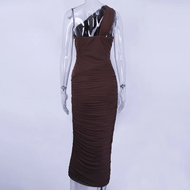 Mozision Elegant One Shoulder Ruched Midi Dress For Women Club Party Outfits Summer New Sleeveless Backless Bodycon Long Dress