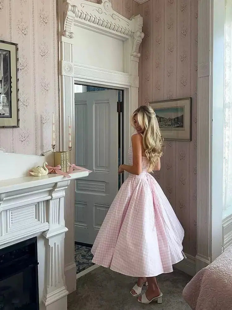 YENKYE Lace Up Bandage Plaid Sling Dress Women Elegant Square Neck Low Waist A-line Midi Summer Dresses Holiday Party Robe 2025