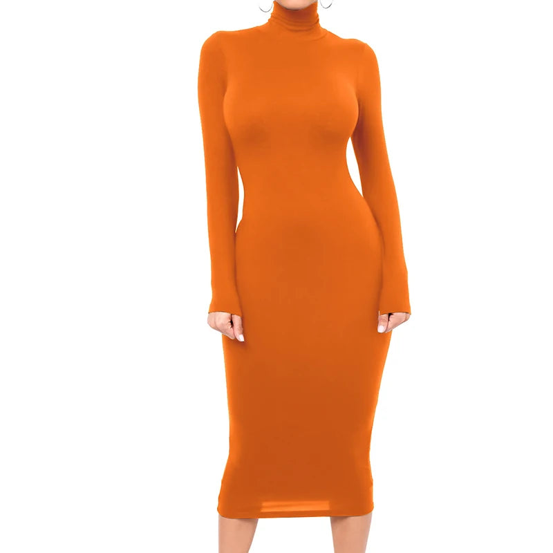 Winter Black Turtleneck Sexy Women Dress Autumn Long Sleeve Skinny Midi Boydcon Casual Blue Plush Knee-Length Party Club