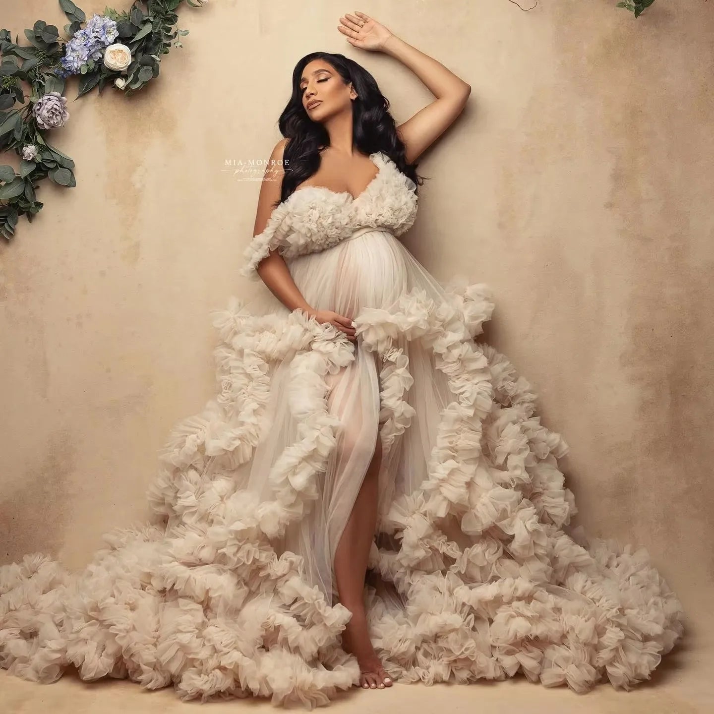 Luxury Maternity Robe Fluffy Tulle Dresses for Women Prom Dress Long Sleeves Wedding Party Gown Bridal Boudoir Pajamas Sleepwear