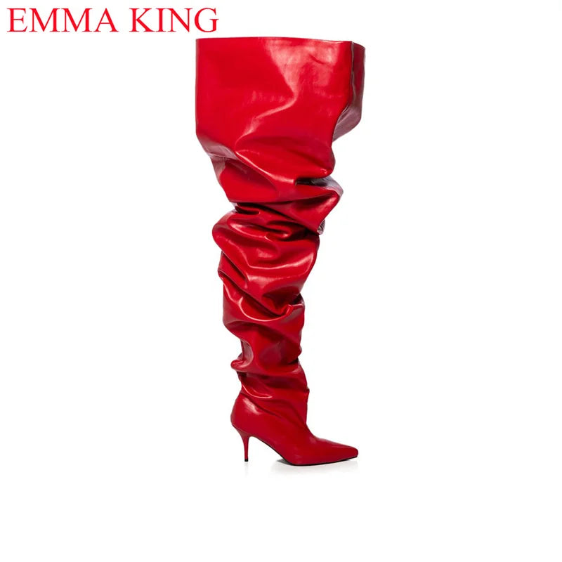 Fall Red Pleated Womens Thigh High Boots Sexy Ladies Party Shoes Over The Knee Boots 2023 High Heels Chaps Long Boots Woman 2023