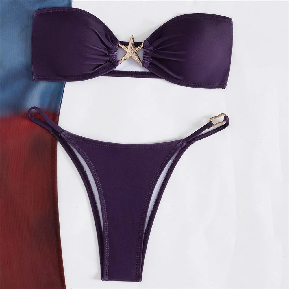 Metal Starfish Bandeau Bikinis Sets 3 Pieces Mesh Skirts Cover Up Micro Thong Swimsuit Women 2025 Beach Wear Bathing Suit Bikini