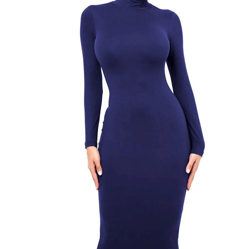 Winter Black Turtleneck Sexy Women Dress Autumn Long Sleeve Skinny Midi Boydcon Casual Blue Plush Knee-Length Party Club