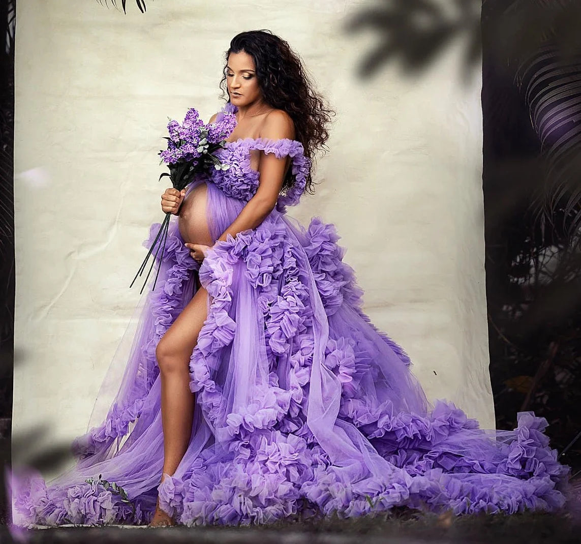 Luxury Maternity Robe Fluffy Tulle Dresses for Women Prom Dress Long Sleeves Wedding Party Gown Bridal Boudoir Pajamas Sleepwear