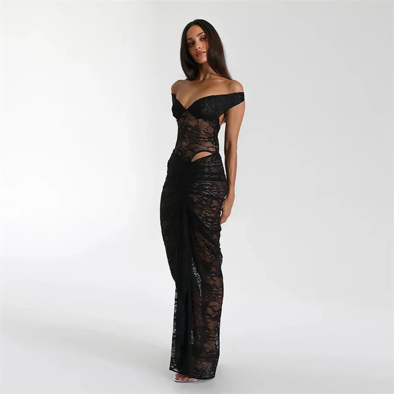 Mozision Lace See Through Sexy Two Piece Set Women Elegant Off-shoulder Backless Bodysuit And Maxi Skirt Matching Club Dress Set