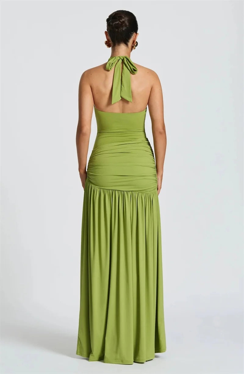 Mozision Elegant Backless Sexy Maxi Dress Set Women Halter Bodysuit And Maxi Skirt Matching Set Female Ruched Split Dress Sets