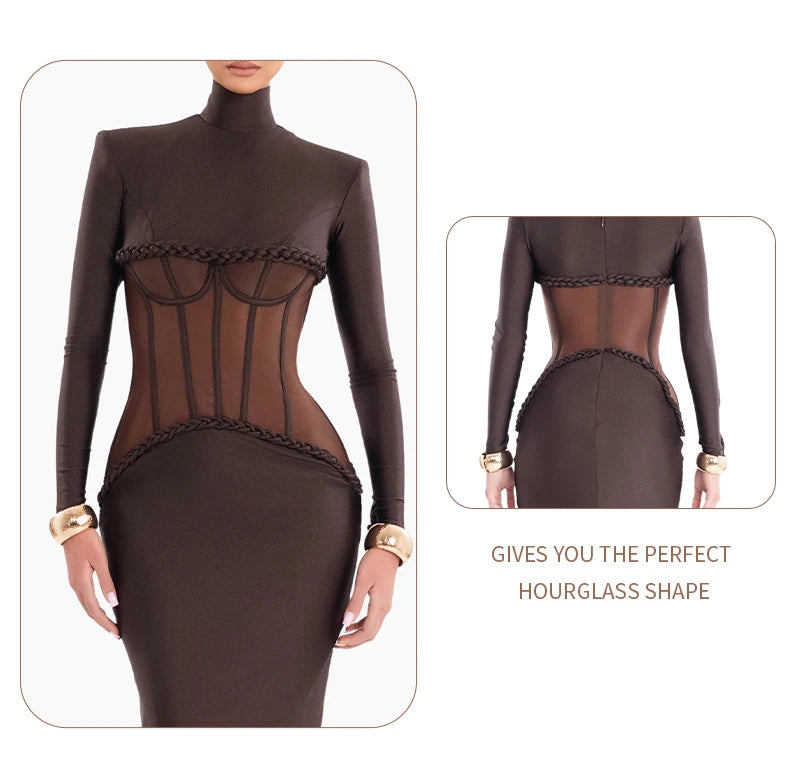 Luxury Sheer Corset Brown Long Dresses for Women – Long Sleeve High Neck See Through Bodycon Maxi Dress with Mesh Waist Detail