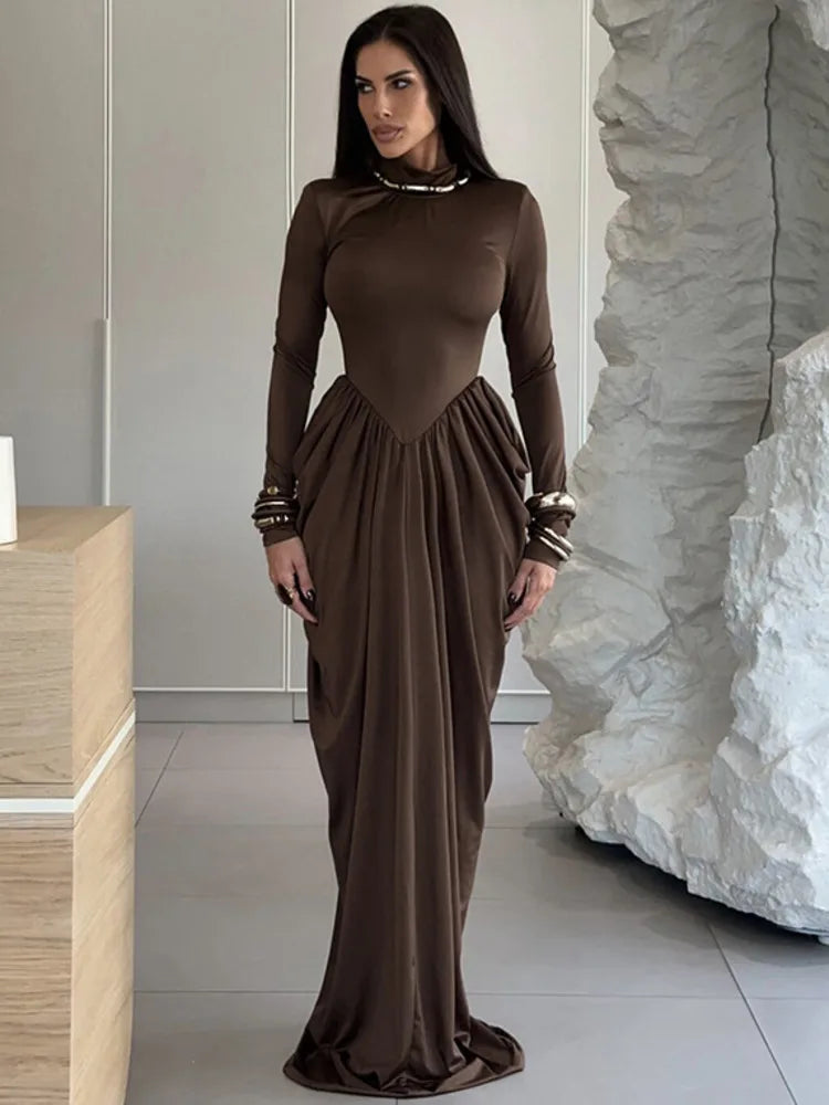 Mozision Turtleneck Long Sleeve Sexy Maxi Dress Women Gown Autumn Winter Elegant High Waist Draped Ruched Club Party Long Dress Wofashion.xyz