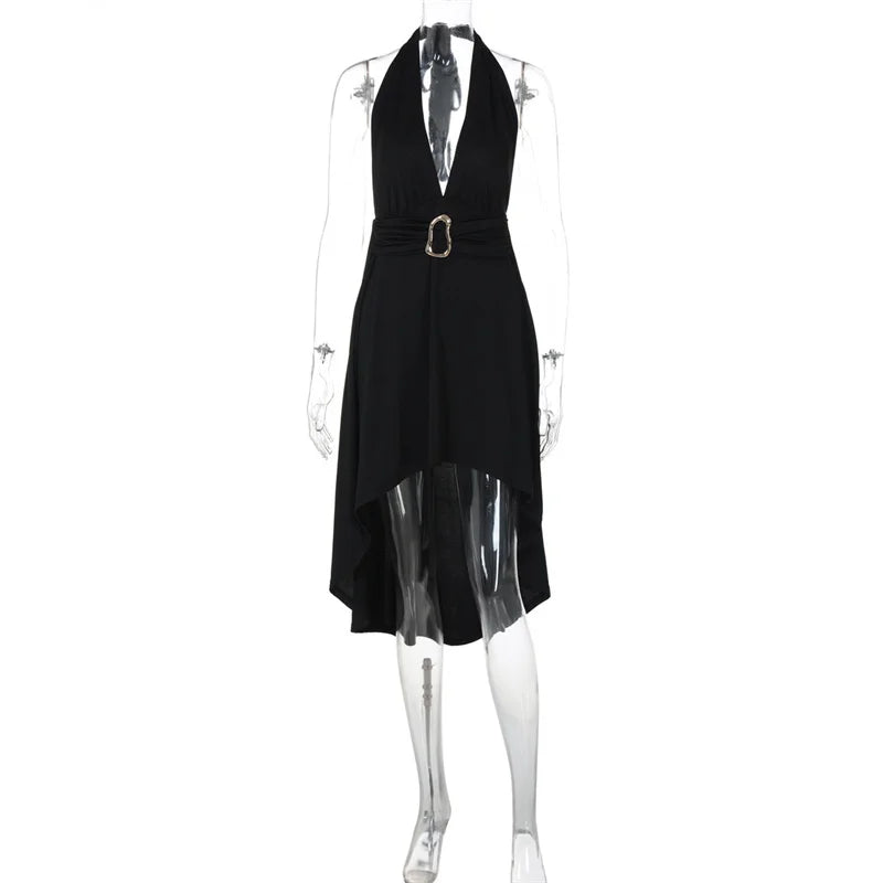 Mozision Deep V-neck Lace-up Sexy Maxi Dress For Women Metal Buckle Off-shoulder Sleeveless Backless Fashion Club Party Dress