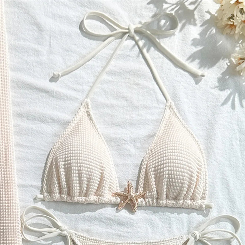 Holiday Starfish Solid Swimwears Halter String Triangle 3 Piece Bikini Set Cover Up Skirts Sexy Swimsuit Women 2025 Bikini Dames