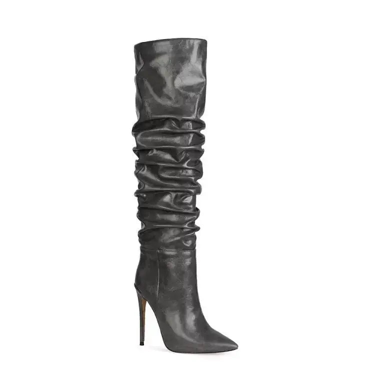2024 Autumn and Winter New Fashionable High-heeled Pleated Sleeve Boots, European and American Sexy Fashion Runway Boots