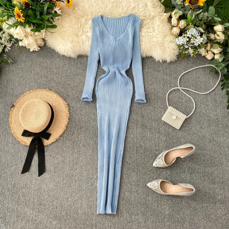 Women's Knitted Midi Dr Pure Color Long Sve Slim Fit High Waist V-Ne Korean Sle Faionable Autumn Winter Dr