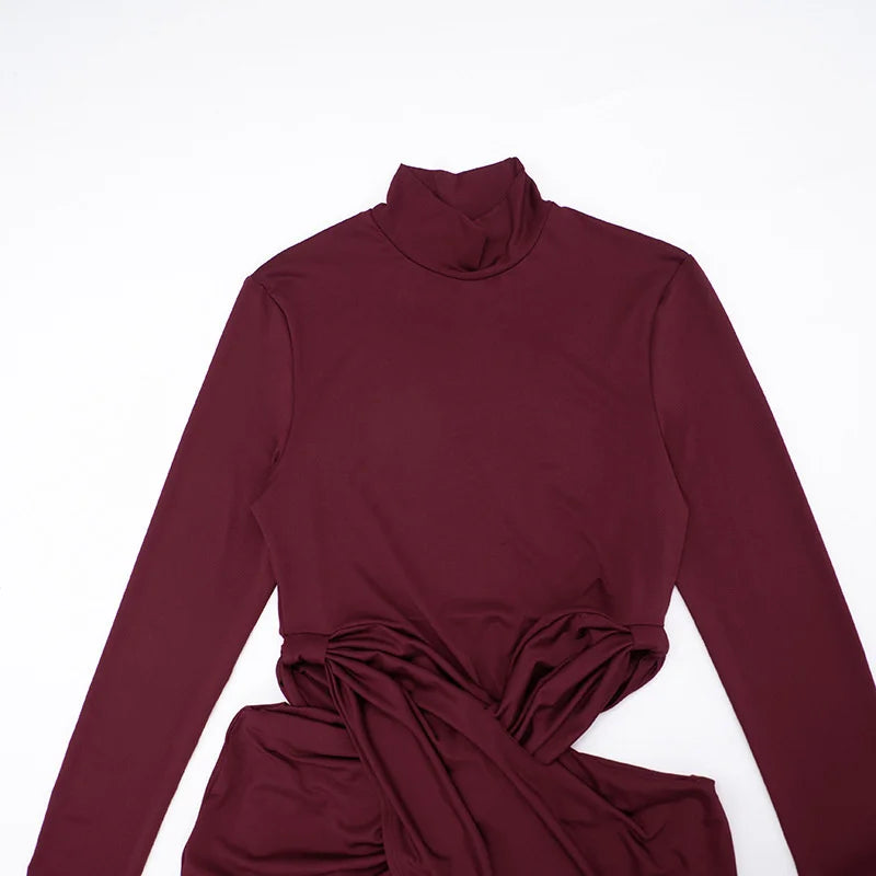 Mozision Turtleneck Long Sleeve Sexy Maxi Dress Women Gown Elegant Hollow Out High Waist Ruched Bodycon Club Party Long Dresses