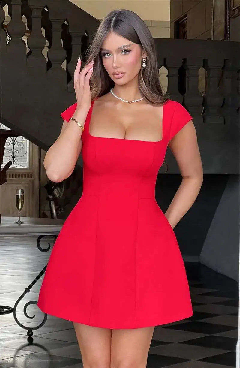 Mozision Square Collar Short Sleeve Mini Dress For Women Robe New Fashion Solid A-line Loose High Waist Short Dress Elegant