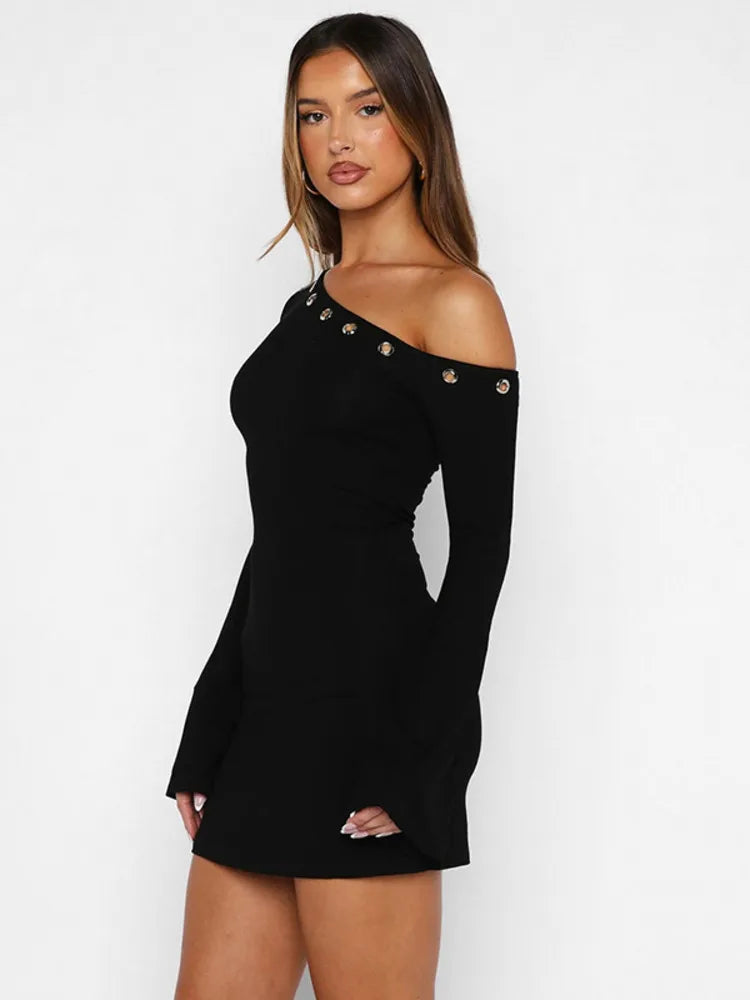 Mozision Inclined Shoulder Long Sleeve Sexy Mini Dress Women Fashion Hollow Out One Shoulder Backless Club Party Dress Female