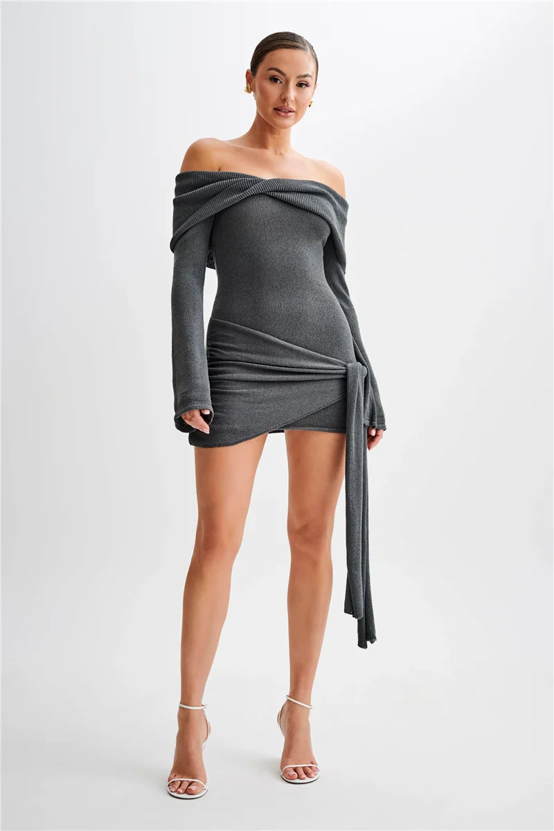Mozision Off-shoulder Knit Mini Dress For Women Autumn Winter New Strapless Backless Long Sleeve Ruched Draped Knitted Dress