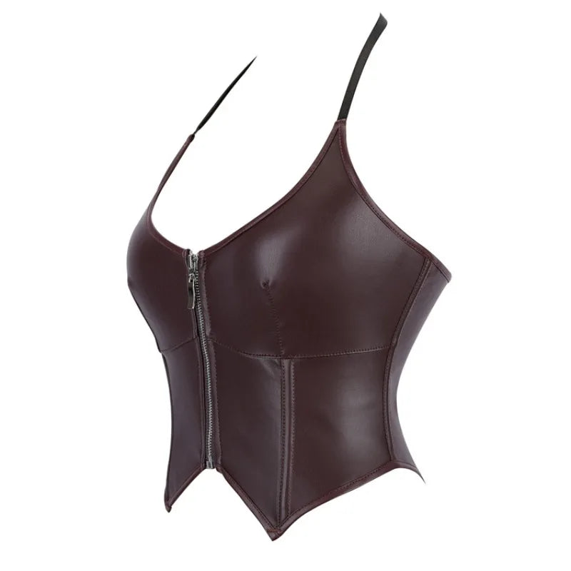 Women Sexy Faux Leathe Overbust Corset Crop Tops Gothic Zipper Halter Bustier Ladies Push Up Body Shaper Lingerie Corselet