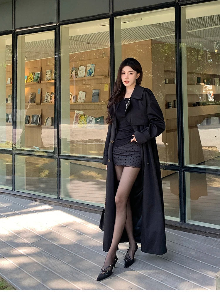 Lautaro Spring Autumn Long Black Hard Waterproof Trench Coat for Women Belt Double Breasted High Quality Luxury Overcoat 2024