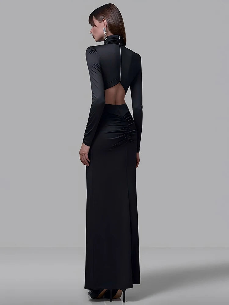 Mozision Turtleneck Backless Sexy Maxi Dress Women Gown Autumn Winter Elegant Long Sleeve Thigh High Split Club Party Long Dress