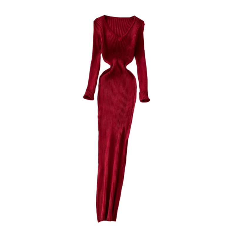 Women's Knitted Midi Dr Pure Color Long Sve Slim Fit High Waist V-Ne Korean Sle Faionable Autumn Winter Dr