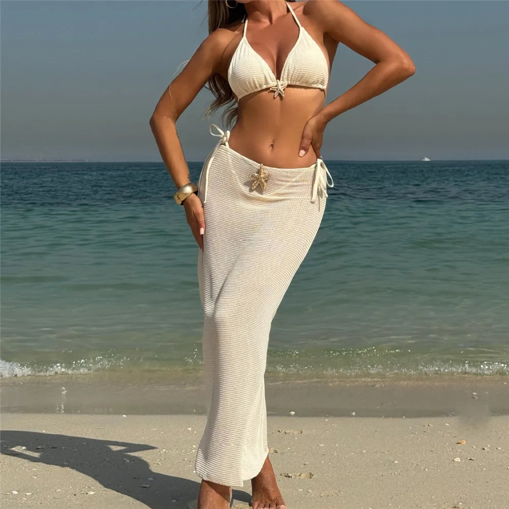 Holiday Starfish Solid Swimwears Halter String Triangle 3 Piece Bikini Set Cover Up Skirts Sexy Swimsuit Women 2025 Bikini Dames Wofashion.xyz