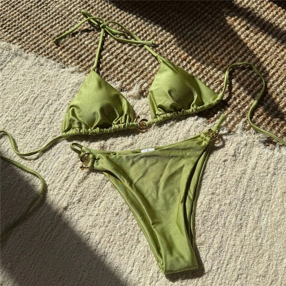 Solid Orange Swimwear Metal Ring String Halter Triangle Micro Bikini Thong Sexy Swimsuit Women 2025 Bathing Suit Bikinis Sets