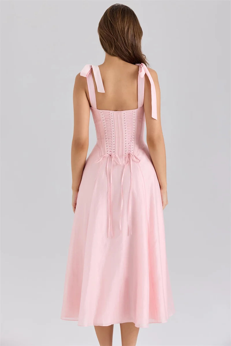 Mozision Pink Chiffon Tie Strap Sexy Midi Dress Women Pink Spaghetti Strap Sleeveless Backless Lace-up A-line Club Party Dress